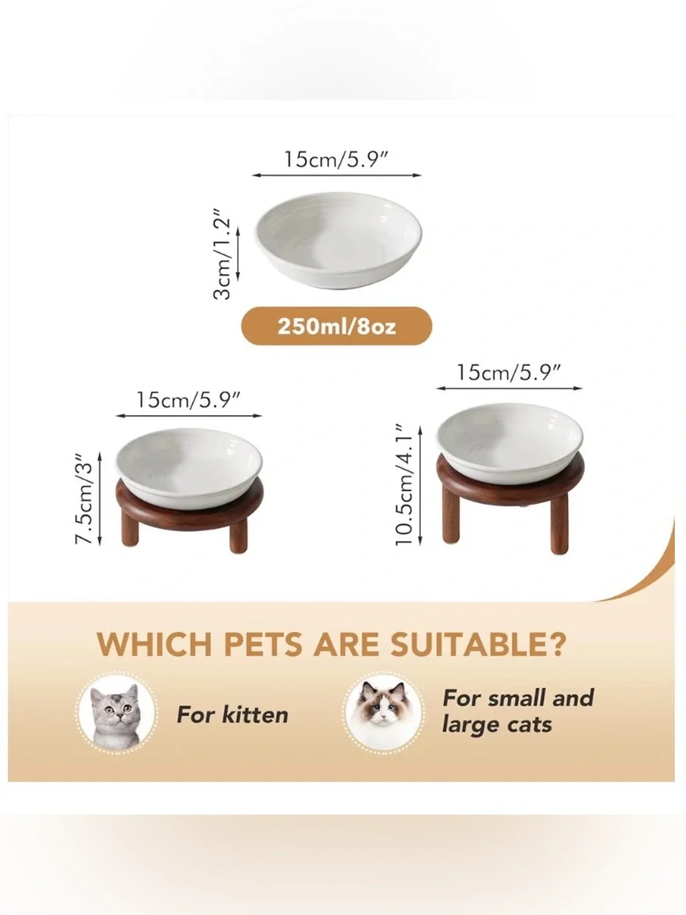 Set of two elevated bowls for cats on two adjustable heights on acacia platform